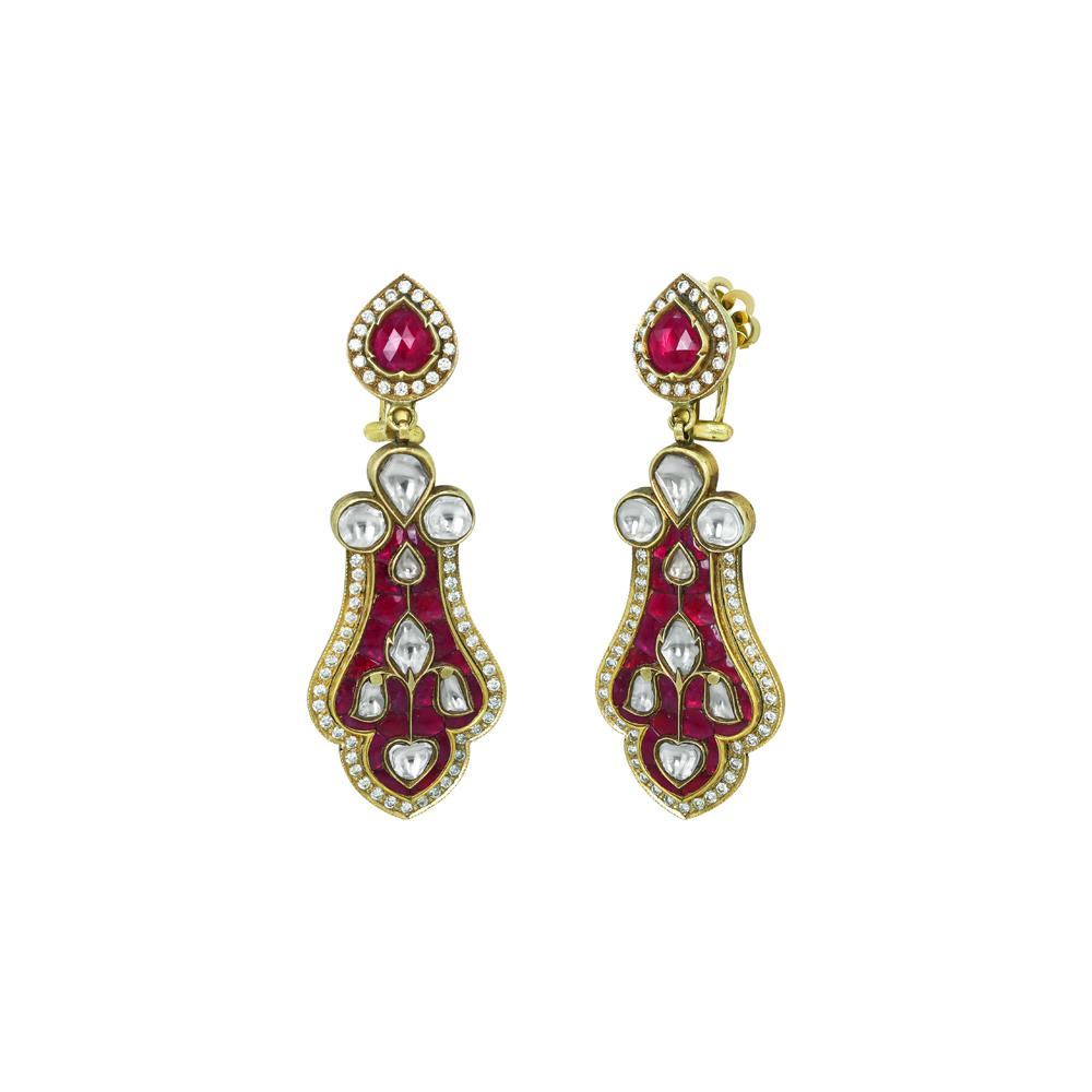Pear-Shaped Earrings with Polki Diamonds and Red Enamel